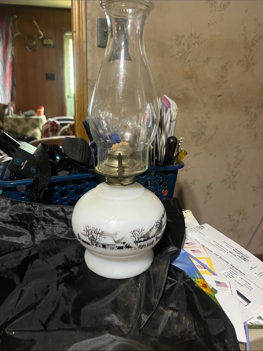 Vintage White Glass Hurricane oil Lamp with Winter Scene